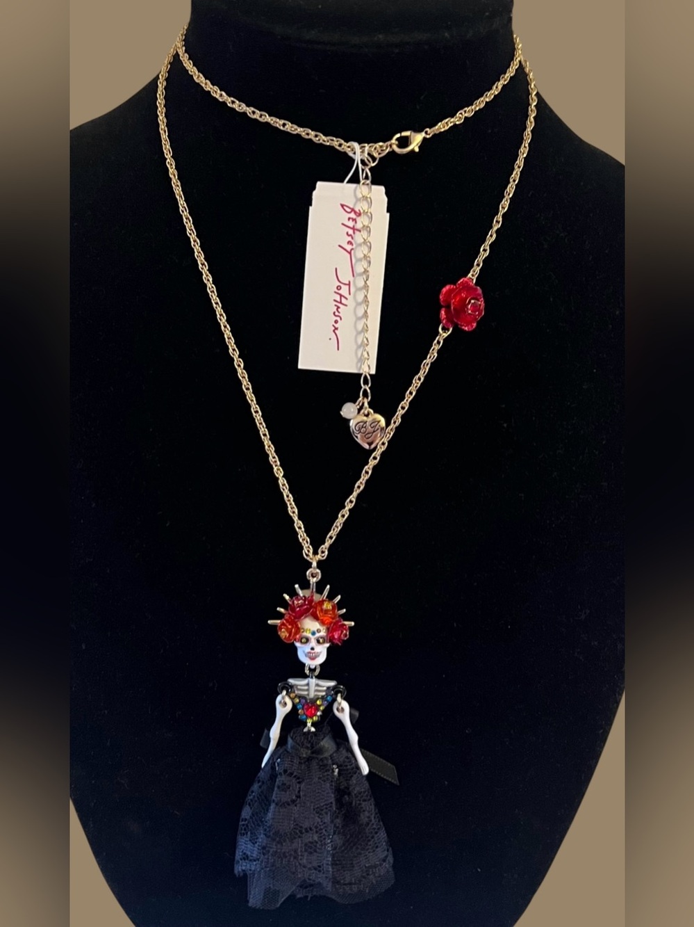 Betsey Johnson Gold-Tone Day of the Dead Doll Necklace with Red Accents